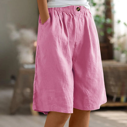 Female Fashion Solid Color Elastic High Waist Pocket Button Up Loose Cotton Linen Five Length Shorts Summer Soft Comfort Pants Pink