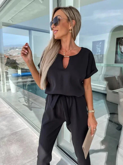 Jumpsuit Women 2023 Solid Color Short Sleeve V-neck Pocket Lace-up Pencil Long Pants Jumpsuits Summer Outfits Bodysuits Badiee Stylez