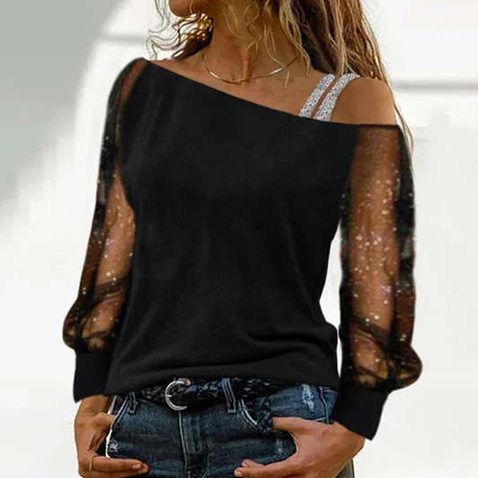 Fashion Slash Neck T Shirt Women Perspective Shiny Long Sleeves Tees Silver Strap Off Shoulder Pullover Streetwear Tops black