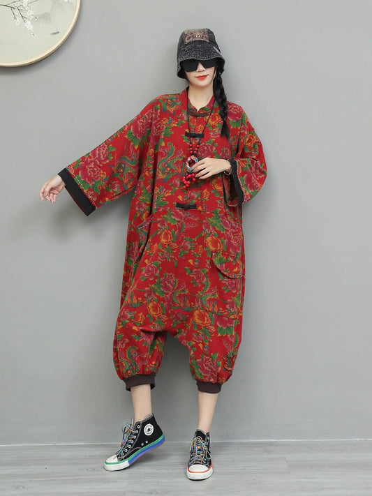Artistic Large Floral Cotton Linen Chinese Style Button Embroidery Loose Casual Jumpsuit Women LX4344 Badiee Stylez