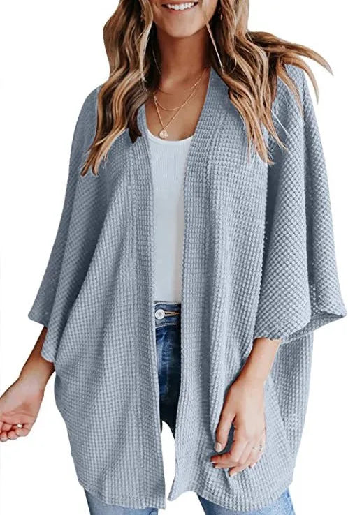 Oversized casual cardigan, women's plus size waffle knit cardigan with three-quarter length sleeves YD63