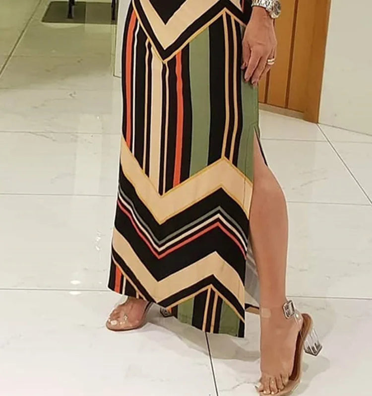Colorful Striped Print Side Slit Maxi Dress Women Colorblock Sleeveless Slim Long Dresses Summer Streetwear Vestidos Para Mujer