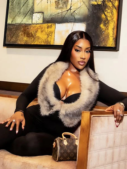 Nibber Autumn Trend Sexy Junpsuits+Furry Foot Cover Woman Low-Neck Full Sleeve Skinny Peach Hip Midnight Party Fashion Clubwear Badiee Stylez