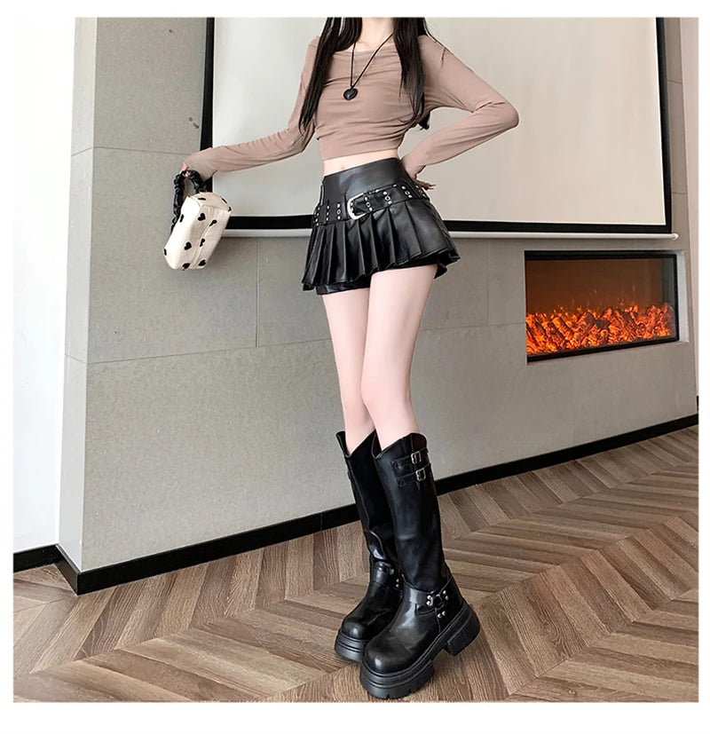 Women's Black Gothic A-line Pleated Leather Skirt Y2k Mini Shorts Skirts Harajuku Korean Emo Skirt 2000s Vintage Clothes Summer