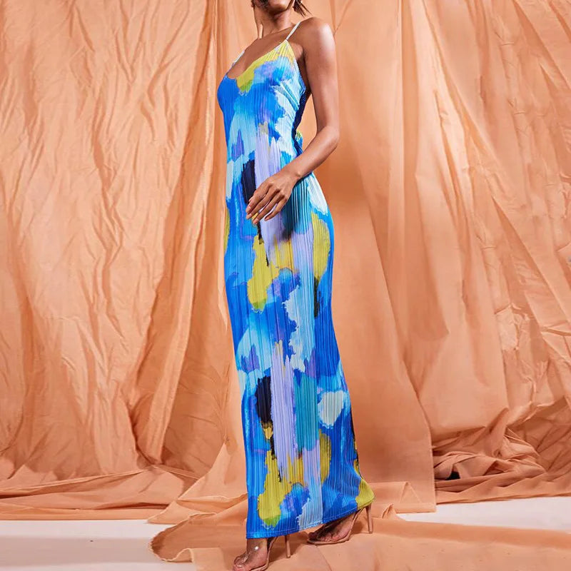 Color Printed Spaghetti Strap Maxi Dresses For Women Sexy V-neck Slim Backless Folds Dress Fashion Evening Party Elegant Vestido Blue