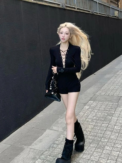 Gothic Y2k Aesthetic Women Sexy Hollow Out T-shirt Vintage Lace Patchwork Streetwear Grunge Tops Harajuku Slim Fit Black Tees