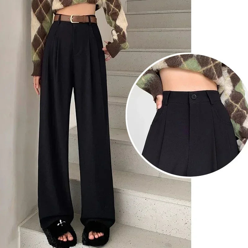 Women Fashion Suit Pants Lady Breathable Baggy High Waist Wide Leg Summer Trousers Lady Straight Leg Black Coffee Classic Pants Badiee Stylez