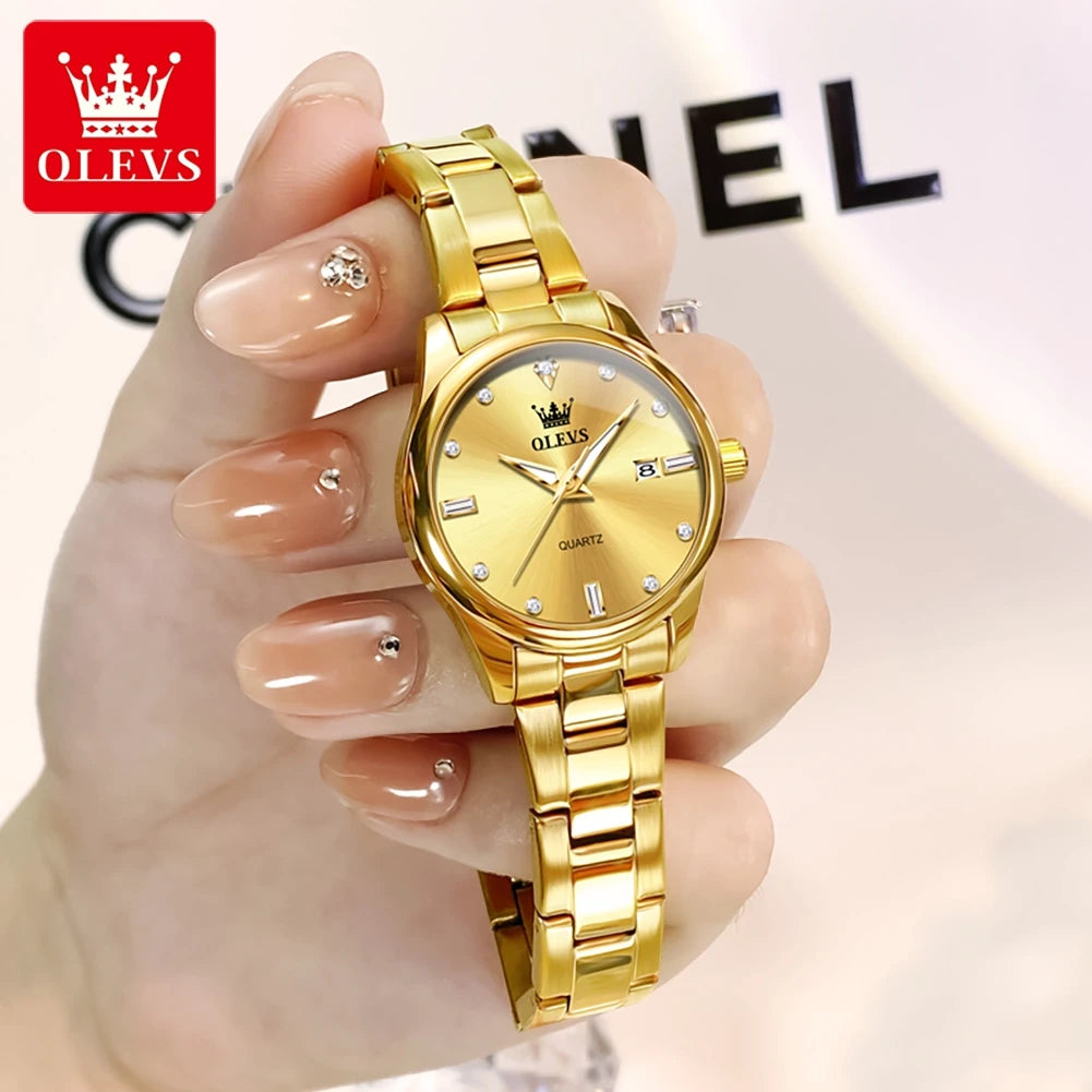 OLEVS Elegant Fashion Brand Women's Watches Gold Waterproof cCalendar Quartz Watch for Lady Stainless Steel Original Wristwatch