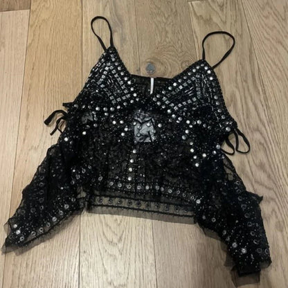 Women Y2K Rivet Sequin Mesh Tank Top V Neck Beaded Halter Cami Crop Top Sheer Sleeveless Backless Glitter Sparkly Camisole