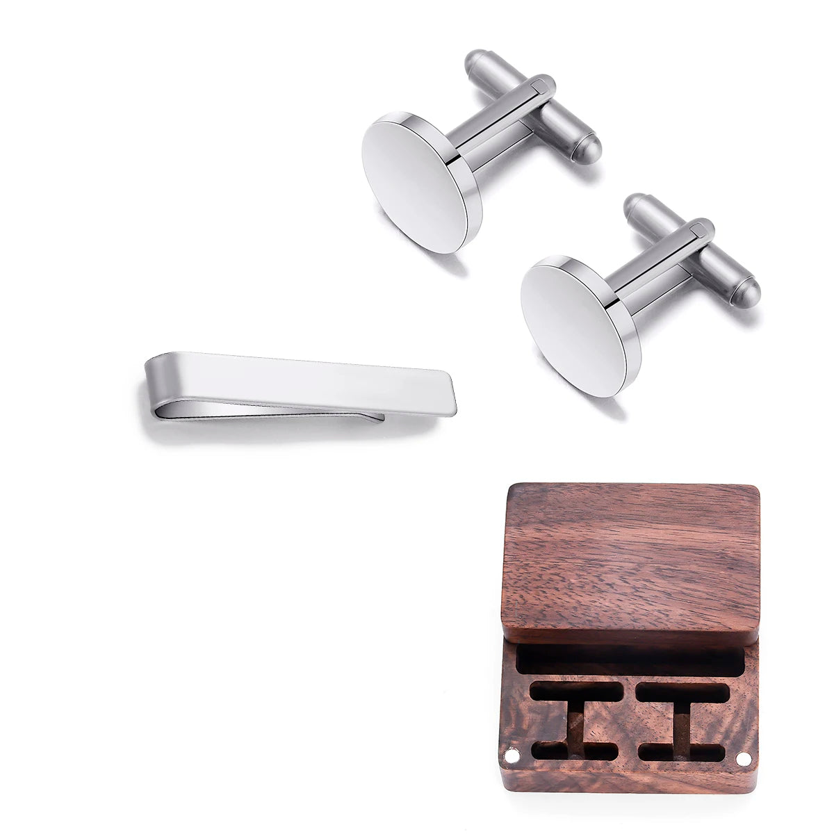 Custom Engraved Round Cufflinks & Tie Clip Set Stainless Steel Anniversary Wedding Birthday Groomsmen Gift for Father Husband Badiee Stylez