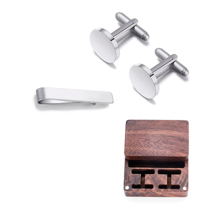 Custom Engraved Round Cufflinks & Tie Clip Set Stainless Steel Anniversary Wedding Birthday Groomsmen Gift for Father Husband Badiee Stylez