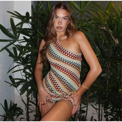 Rainbow Knitted Single Shoulder Mini Dress Women Sexy Sleeveless Waist Hugging Tight Short Dresses 2025 New Summer Party Vestido Badiee Stylez