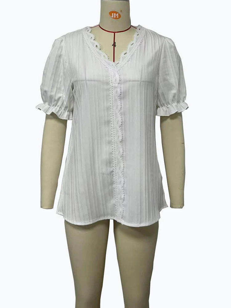 Sexy V Neck Patchwork Blouse Shirts Summer Female Short Lantern Sleeve Holiday Loose Blouse Tops SZE-ST23053