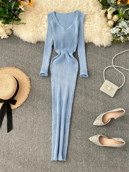 SINGRAIN Women Autumn Knitted Dress V Neck Sexy Slim Elastic Oversized Basic Bodycon Long Dress Winter knit Warm Sweater Dresses Sky blue One Size