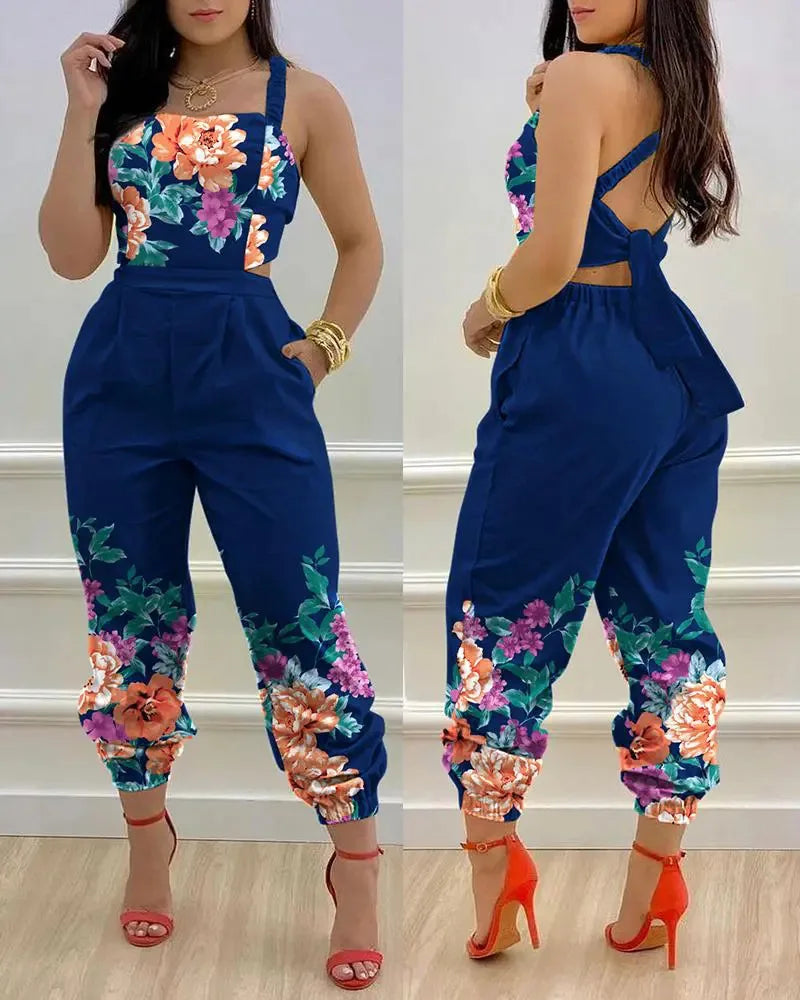 New Summer Fashion Printed Sleeveless Jumpsuit Sexy Hollow Backless Lace Up Long Jumpsuits Elegant Casual Jumpsuit With Pocket Badiee Stylez