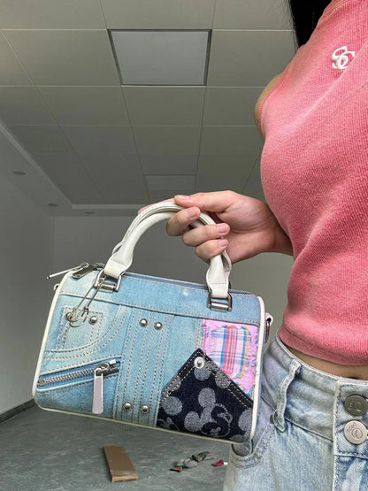 JIAERDI Retro Denim Messenger Bag Purse Women Vintage Patchwork Handle Y2k Bowling Bag Ladies Hot Girls Crossbody Hand Bags New