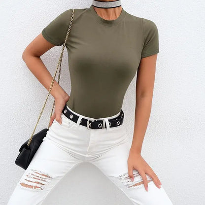 Casual Basic Black White Bodysuit Women Summer Short Sleeve Woman Body Top Cotton Bodycon Jumpsuit Romper Ladies army green