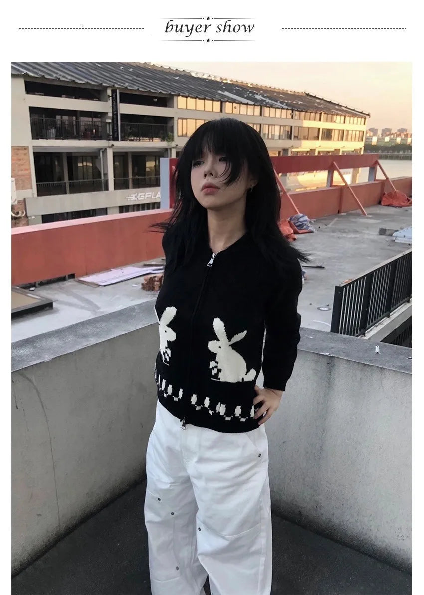 Karrram Japanese Y2k Knit Cardigans Vintage Rabbit Embroidery Zipper Knitwear Harajuku 2000s Korean Knitted Coat Preppy Style