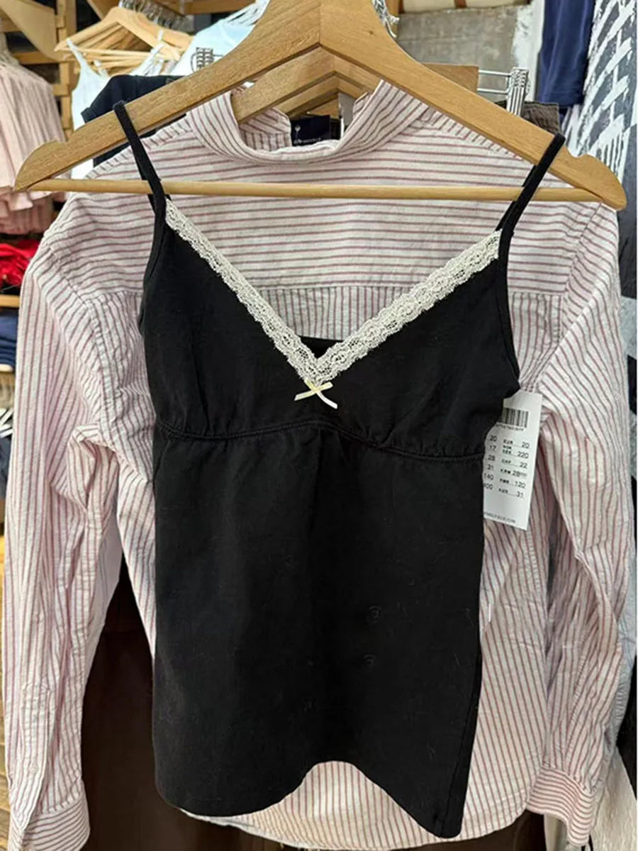 Floral Print Bow V Neck Camis Women Chic Lace Trim Sleeveless Slim Crop Tops Vest Sweet Casual Fashion Raw Hem Tank Top Y2k New New black One Size