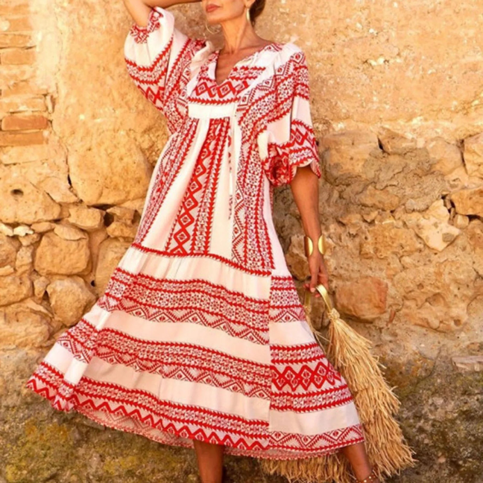 Puff Sleeve Boho Maxi Dress Elegant Women Summer 2022 Casual Floral Drawstring V-Neck Loose Holiday Beach Dresses Party Vestidos Badiee Stylez