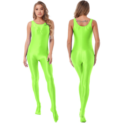 Women Glossy Stretchy Jumpsuit Pantyhose Bodysuit Solid Color Sleeveless Bodystocking Club Rave Pole Dancing Costume Clubwear