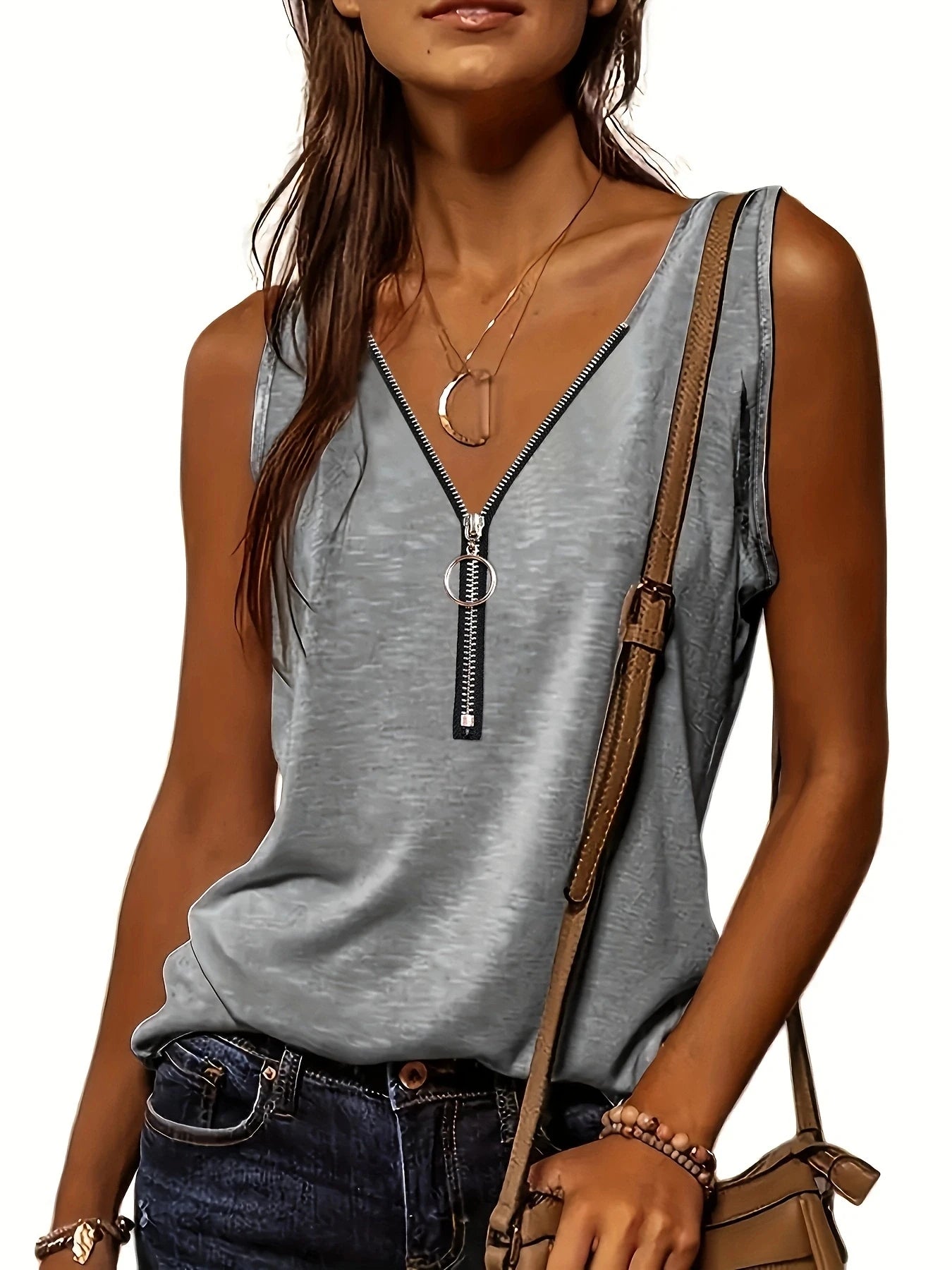 Versatile Women's V-Neck Half-Zip Tank Top - Casual All-Season Wear with Durable Stretch Fabric GRAY
