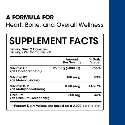 Kexinsh Vitamin D3K2 Capsules Vb12 Calcium Support Calcium Absorption Bone Teeth Heart Brain Health Joints Immune Function