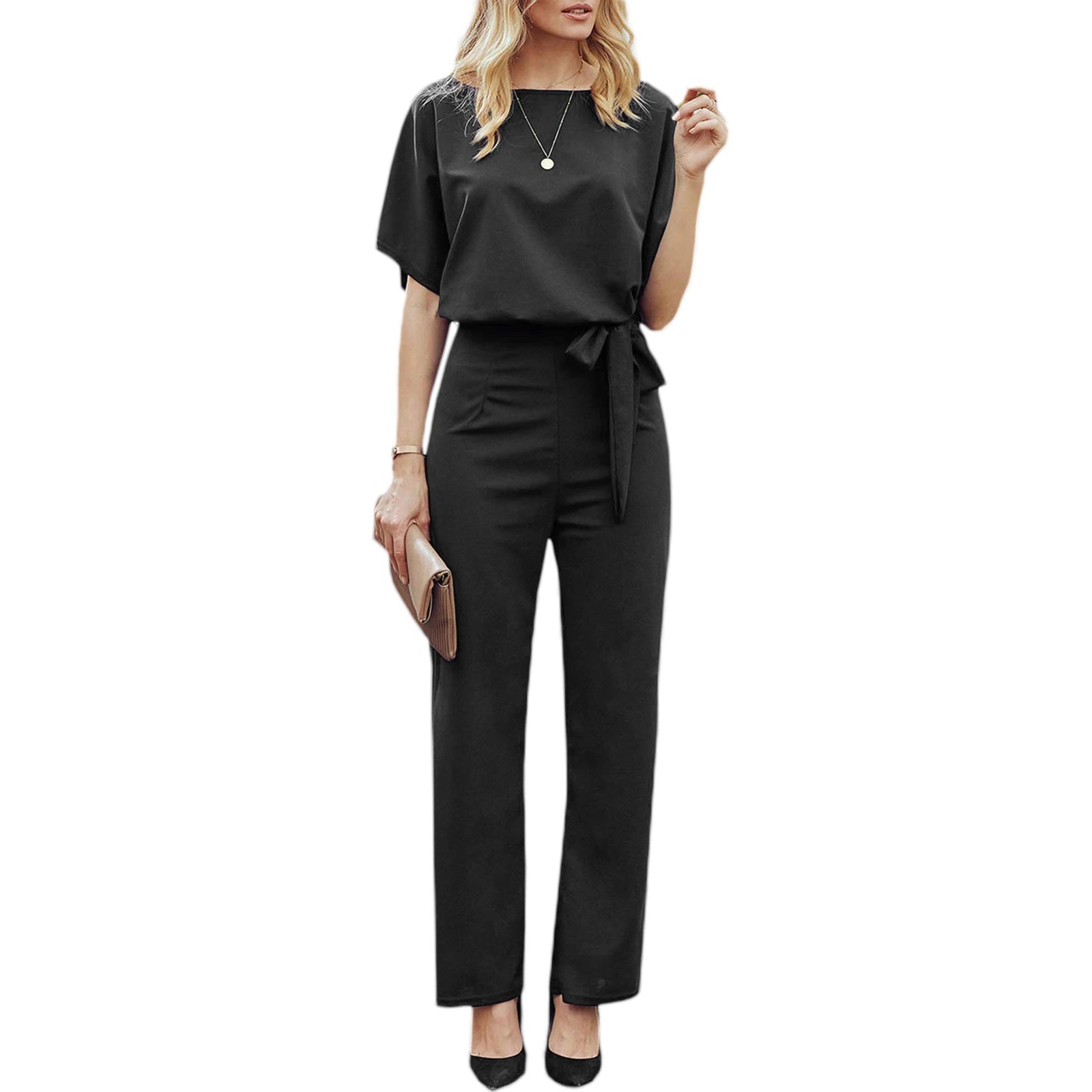 Women's clothing summer 2024 Jumpsuit, Elegant Short Sleeve Hollowed Waist Tie Solid Summer Wide Leg Pants Badiee Stylez