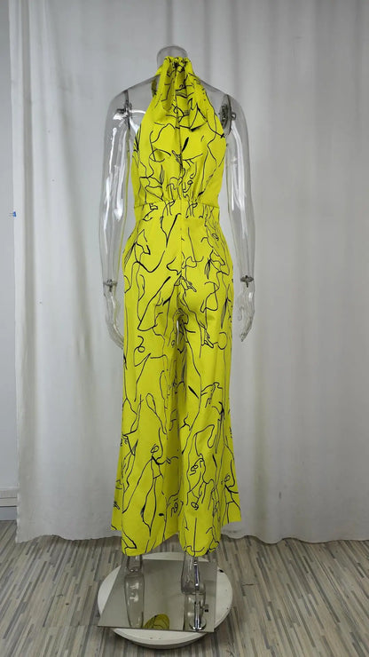 Women's 2025 Off-Shoulder Jumpsuit Flare Wide Leg Romper Artistic Print Lace-up High Waist Vacation Street Style Light Social Badiee Stylez