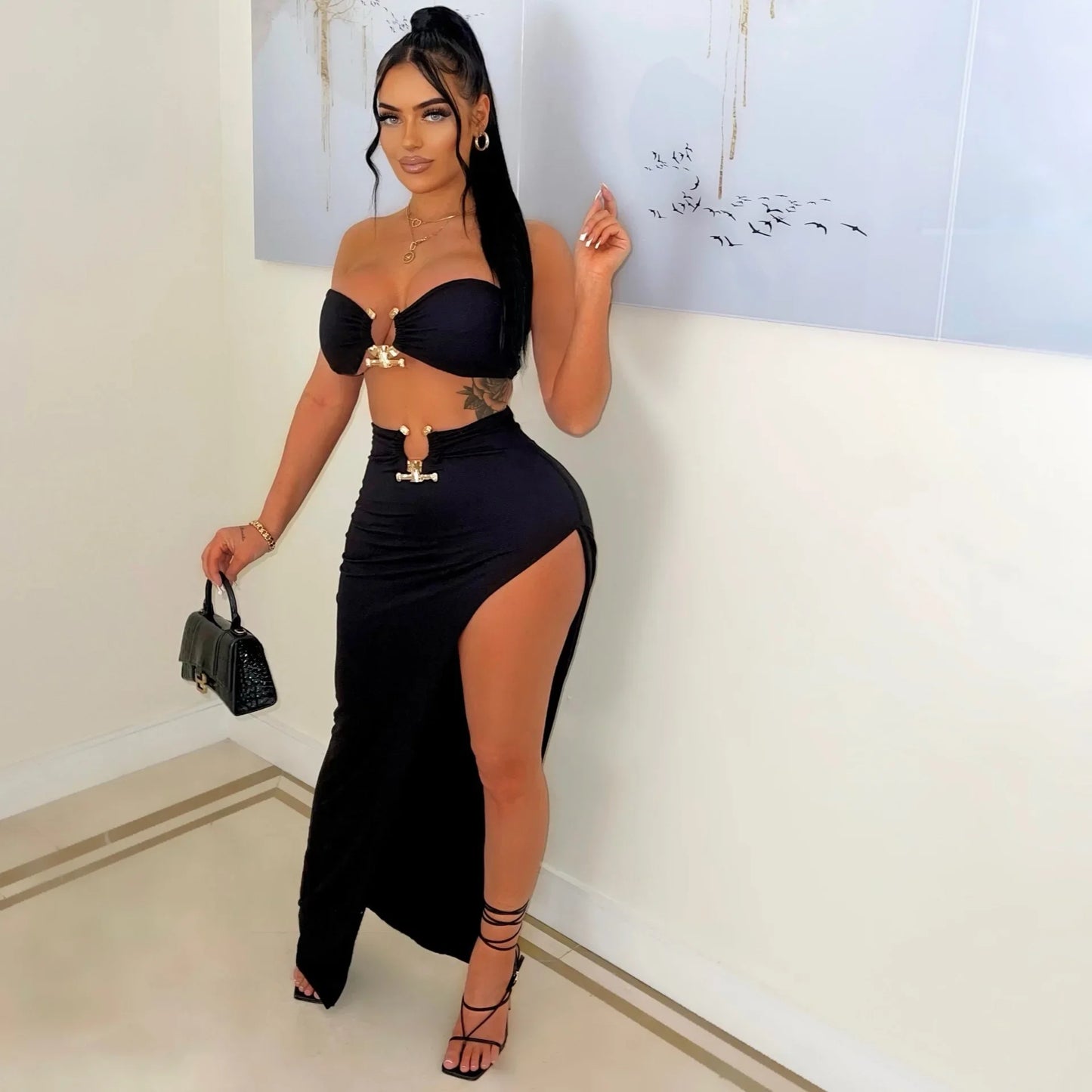 New Chic Gold Ring Bandeau Slit Skirt Two-Piece Set Womens Beautiful Off Shoulder Matching Skirt Set Nightclub Outfits Badiee Stylez