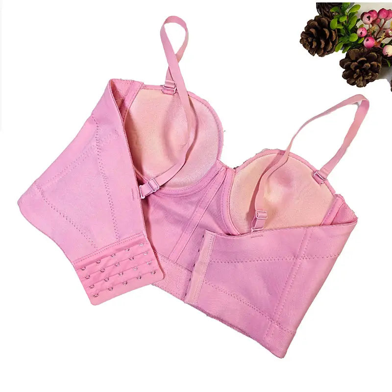 Flower Embroidery Bead Fish Bone Suspender Women Bra Sexy Exposed Waist Metal Buckle Top Party Vacation Female Tops 2025 Summer