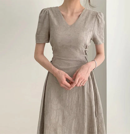 Cotton Linen Dress Long New Hot Sales Woman Short Sleeve Solid Retro Vintage Long Dresses