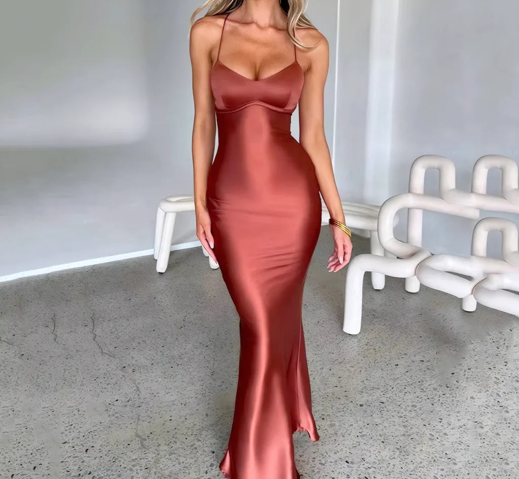 Sexy halter satin dress, a new autumn fashion backless strappy cinched-waist long dress Badiee Stylez