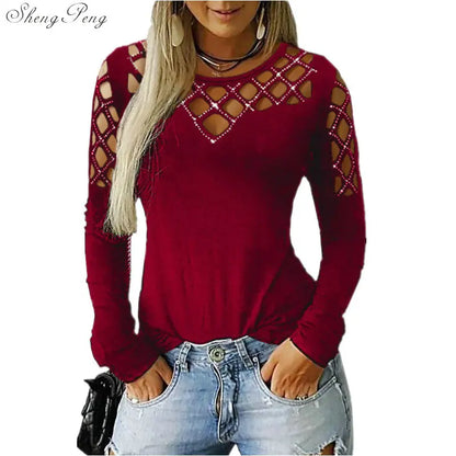 Fashion Hollow Bling Blouse Casual Sexy Rhinestone Solid Top Female Women Tops Long Sleeve Shirt Blusa Pullover 5XL V1755 4
