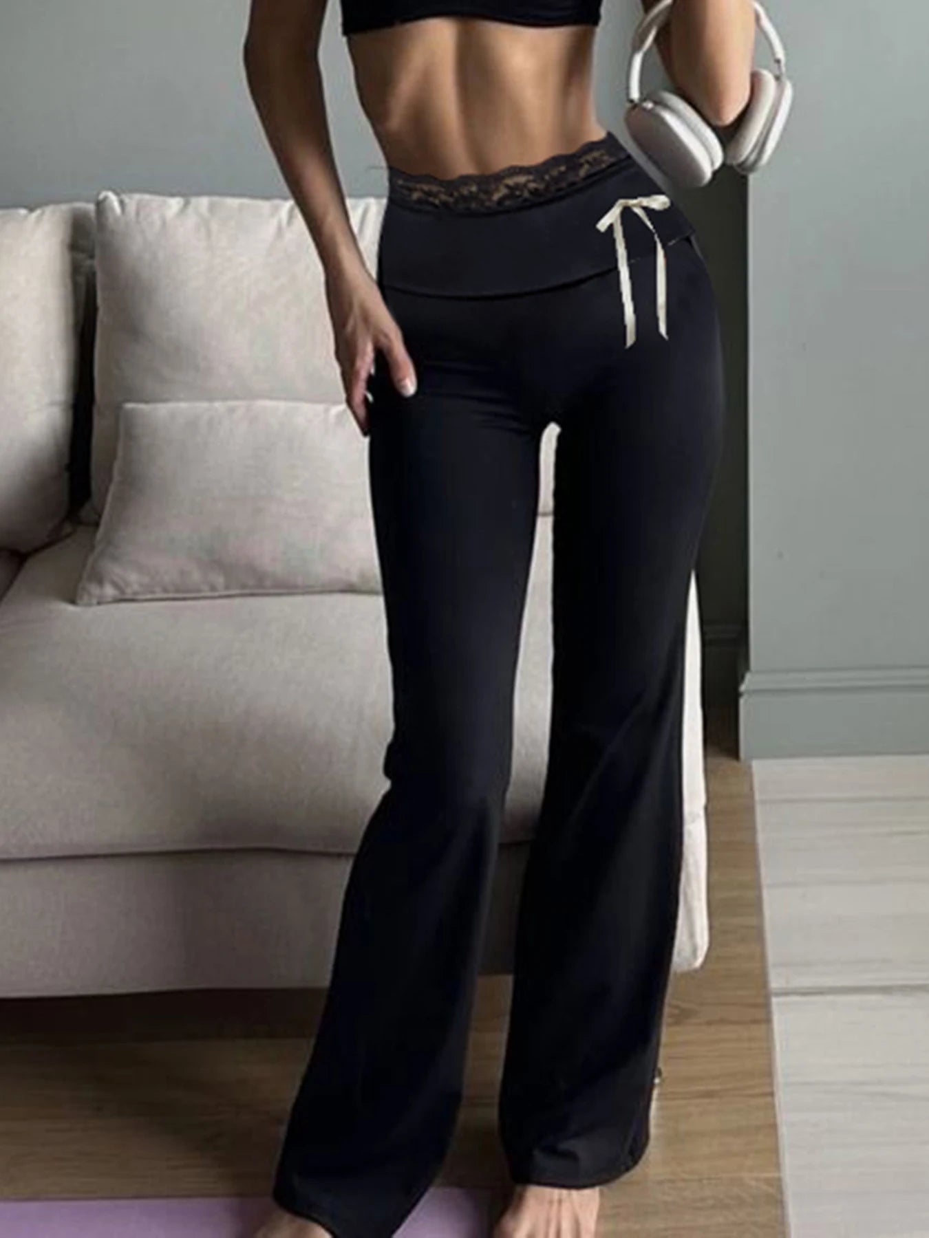 Cuteandpsycho Lace Patchwork Bow Straight Pants Y2K Fashion Aesthetic Cute Trousers Harajuku Streetwear Joggers 2000s Bottoms