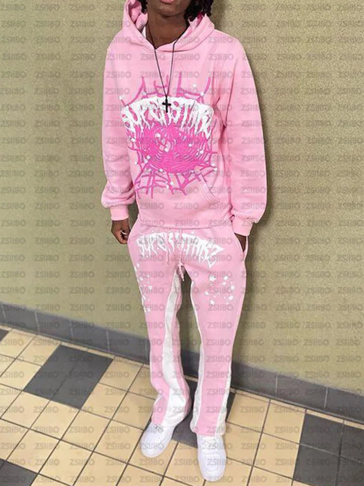 BIG PROMOTION Y2K European and American Autumn/Winter Men's Hip Hop Street Spider Web Letter Printed Loose Hooded Sweater