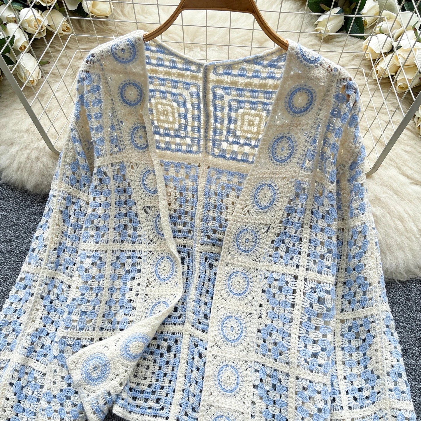 SINGREINY Vintage Boho Loose Plaid Cardigans Female Long Sleeves Hook Flower Hollow Tops 2025 Vacation Sunscreen Casual Shirt Badiee Stylez