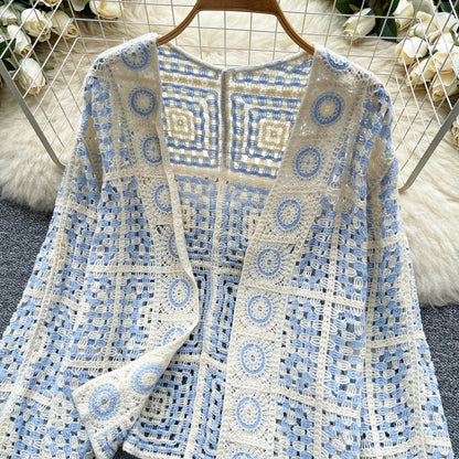 SINGREINY Vintage Boho Loose Plaid Cardigans Female Long Sleeves Hook Flower Hollow Tops 2025 Vacation Sunscreen Casual Shirt Badiee Stylez