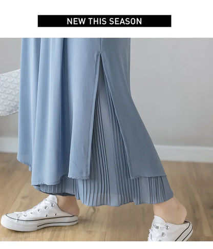 Women Pants Culottes Elastic Wide Leg Irregular Hem Double Layers Korean Trousers Summer Casual Loose Pleated Pants