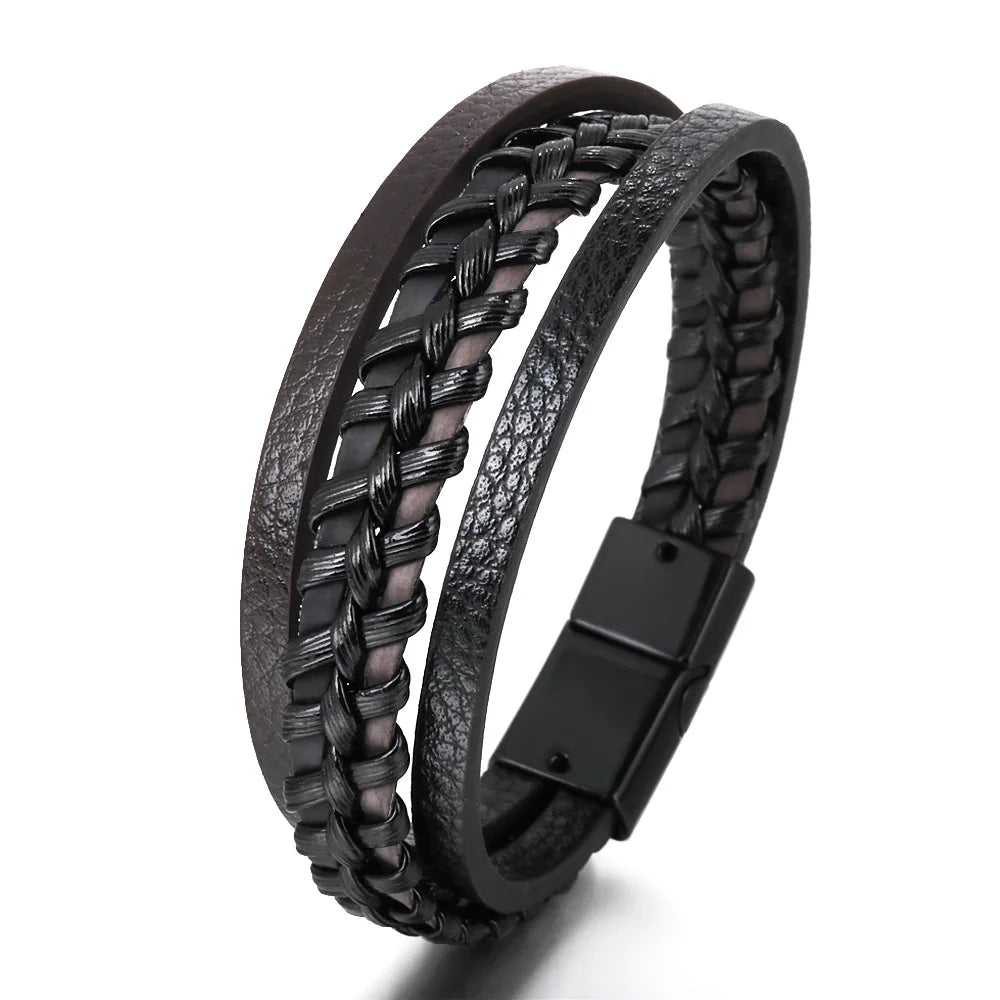 Trendy Leather Bracelets For Men Stainless Steel Bracelet 21CM Multilayer Braided Rope Bracelets for Male Jewelry Gifts 10 21