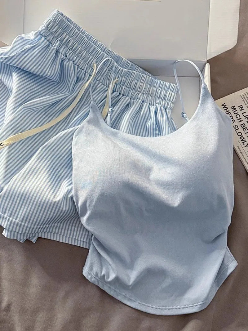 Striped Sleepwear Women Pajama Sets Spaghetti Strap Piiama Shorts Sets 2 Pieces Korean Night Wears Summer Cute Home Suit 2025