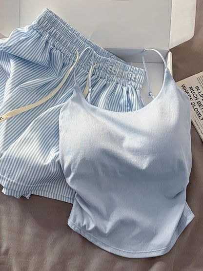 Striped Sleepwear Women Pajama Sets Spaghetti Strap Piiama Shorts Sets 2 Pieces Korean Night Wears Summer Cute Home Suit 2025