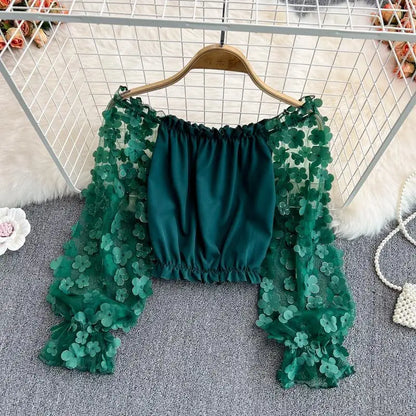 Off Shoulder Sexy Lace Blouses Women 2025 Spring Summer Korean Fashion Long Sleeve Tops Slim Flower Transparent Chiffon Shirts