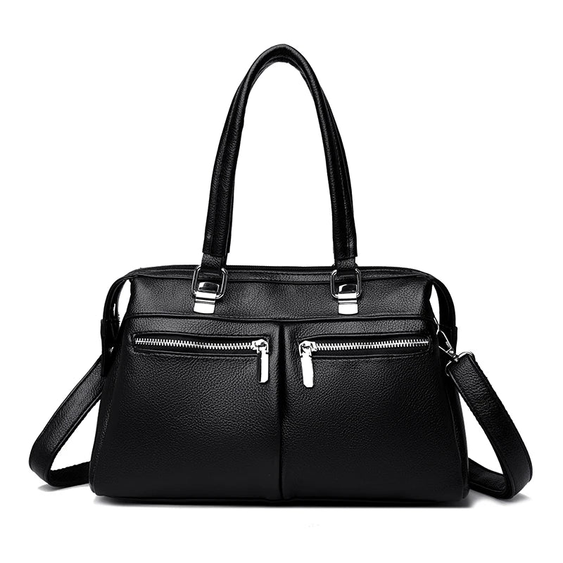 Two Pockets Genuine Brand High Quality Leather Casual Tote Luxury Handbags Women Bags Designer Shoulder Hand Bags for Women Sac Black