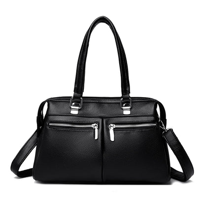 Two Pockets Genuine Brand High Quality Leather Casual Tote Luxury Handbags Women Bags Designer Shoulder Hand Bags for Women Sac Black
