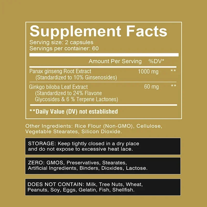 Panax Ginseng + Ginkgo Biloba - Immune Support, Enhance Physical Performance, Improve Memory, and Maintain Overall Health