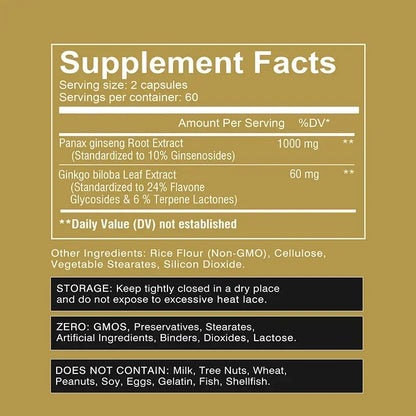 Panax Ginseng + Ginkgo Biloba - Immune Support, Enhance Physical Performance, Improve Memory, and Maintain Overall Health