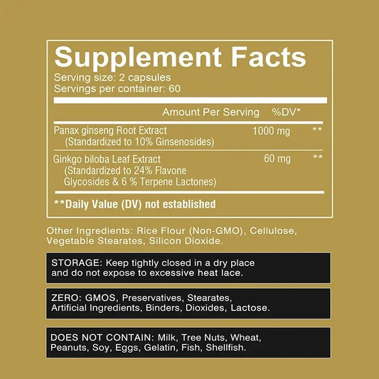 Panax Ginseng + Ginkgo Biloba - Immune Support, Enhance Physical Performance, Improve Memory, and Maintain Overall Health