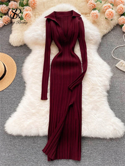 SINGREINY Women Korean Knitted Dress Long Sleeve V Neck Elastic Slim Pencil Dresses 2021 Autumn Sexy Bodycon Split Sweater Dress wine red One Size