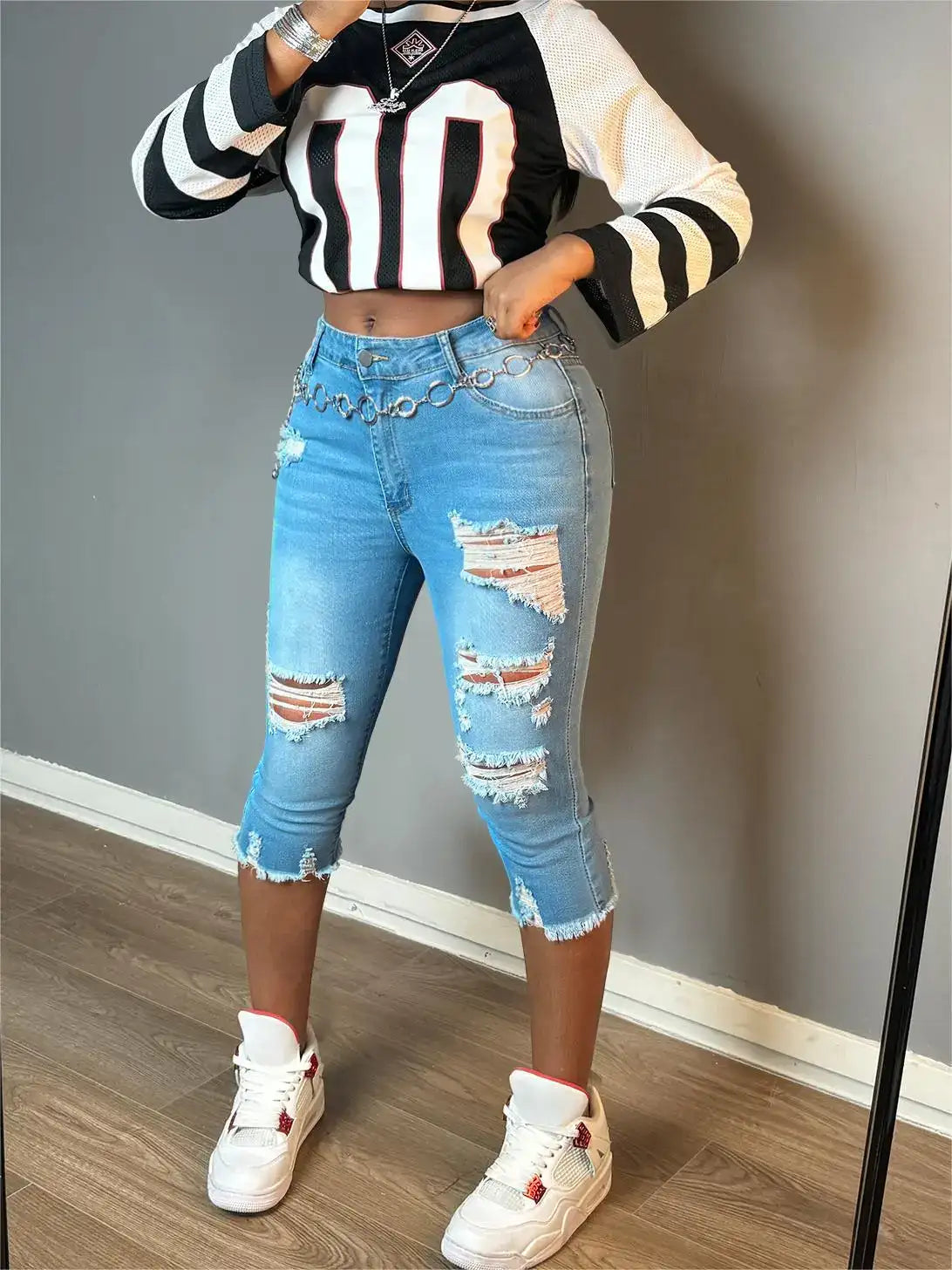 Women Fashion Casual Ripped Capri Jeans Slim-Fit Stretchy Jeans Classic Raw Hem Denim Calf-Length Pants